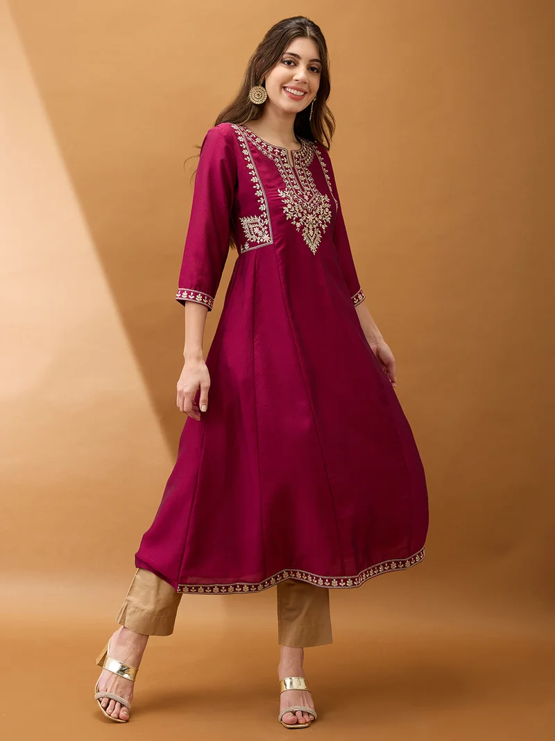 globus Women Burgundy Floral Embroidered Yoke Detail Round Neck Panelled Anarkali Festive Kurta