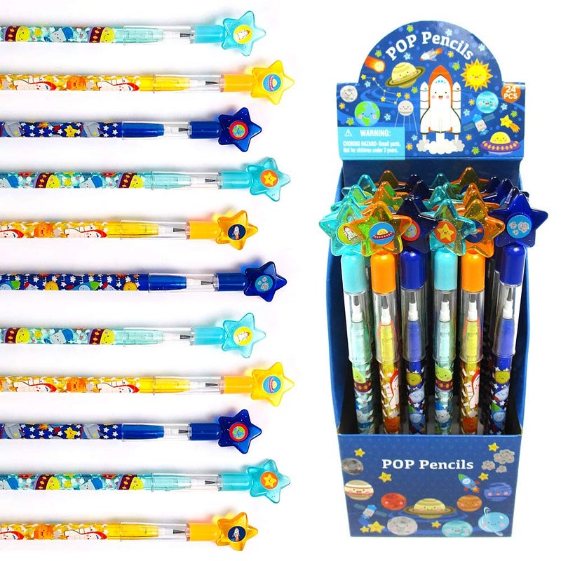 TINYMILLS 24 Pcs Outer Space Rocket Multi Point Stackable Push Pencil Assortment with Eraser for Space Birthday Party Favor Prize Carnival Goodie Bag Stuffers Classroom Rewards - Image 2