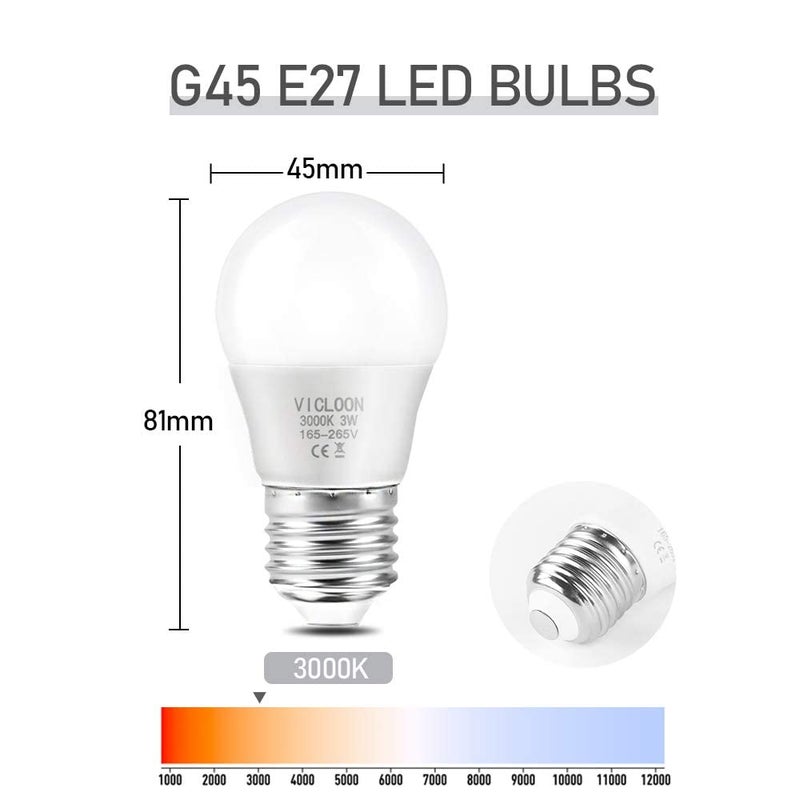 Vicloon مصباح LED فيكلون E27 G45، 3 واط يعادل 25 واط، 280 لومن 3000 كلفن أبيض دافئ E27، غير قابل للتعتيم، زاوية شعاع 180°، AC 220-240 فولت - عبوة من 5 وحدات - Image 2
