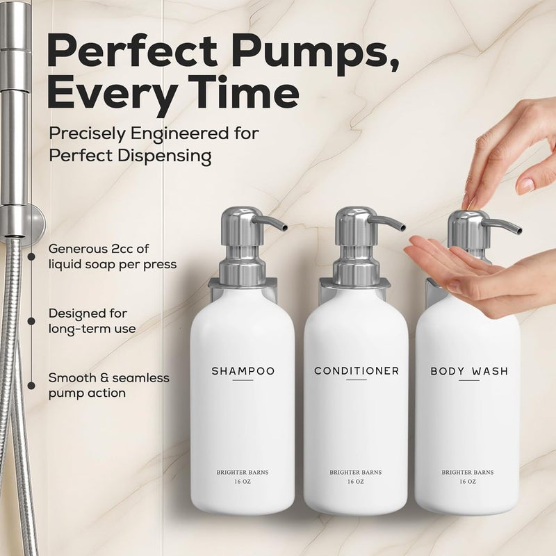 Brighter Barns Luxury Shampoo and Conditioner Dispenser Set Wall Mounted by - Refillable Shampoo Dispenser for Shower Wall - Shower Bottles 3 Chamber No Drill for Guest Bathroom, Airbnb, Hotel (White) - Image 4