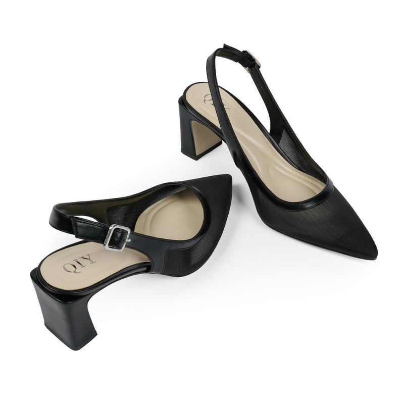 QIY Black Pumps Women Chunky Heel Pointed Toe Slingback Mesh Heels Close Toe Block Heels Size 11 - Image 5