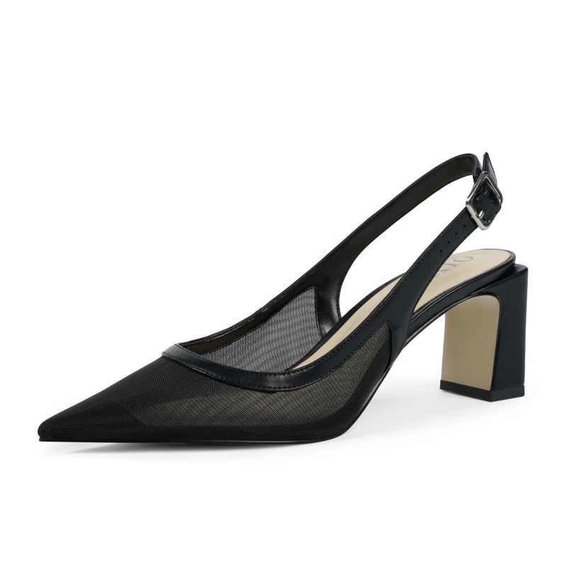 QIY Black Pumps Women Chunky Heel Pointed Toe Slingback Mesh Heels Close Toe Block Heels Size 11 - Image 1