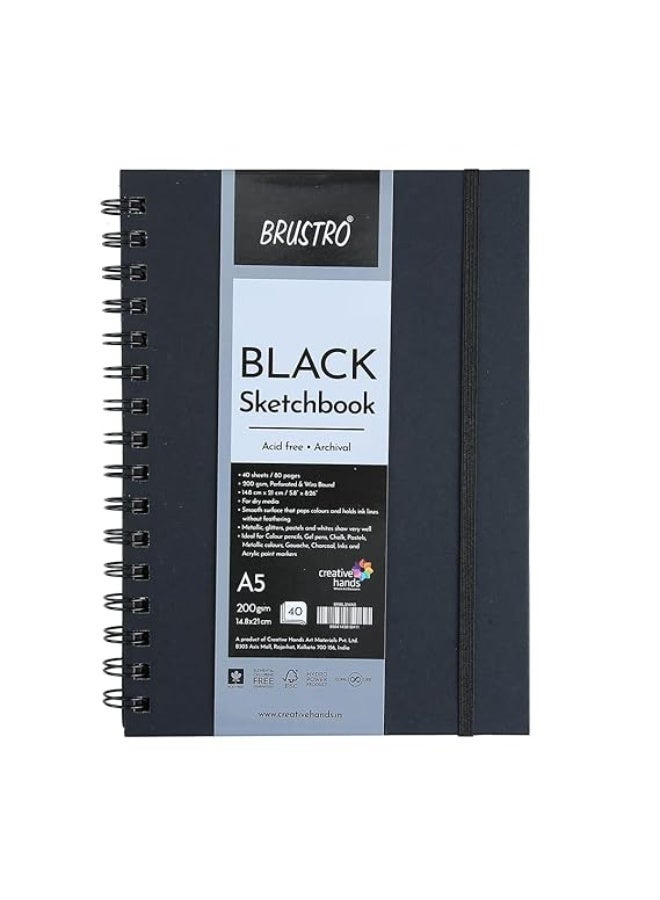 بروسترو كراسة رسم بروسترو سوداء | مقاس A5، 200 غرام/متر مربع | 40 ورقة/80 صفحة | غلاف حلزوني، ورق فاخر خالٍ من الأحماض، جودة احترافية، مثالية للوسائط الجافة، فن الماندالا، الجرافيت، الفحم، للاستخدام المدرسي والمكتبي - Image 1