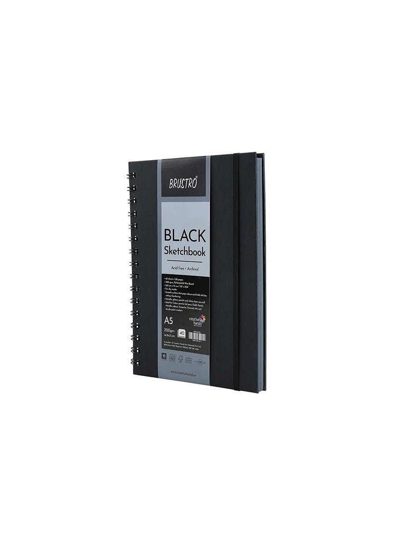 بروسترو كراسة رسم بروسترو سوداء | مقاس A5، 200 غرام/متر مربع | 40 ورقة/80 صفحة | غلاف حلزوني، ورق فاخر خالٍ من الأحماض، جودة احترافية، مثالية للوسائط الجافة، فن الماندالا، الجرافيت، الفحم، للاستخدام المدرسي والمكتبي - Image 2