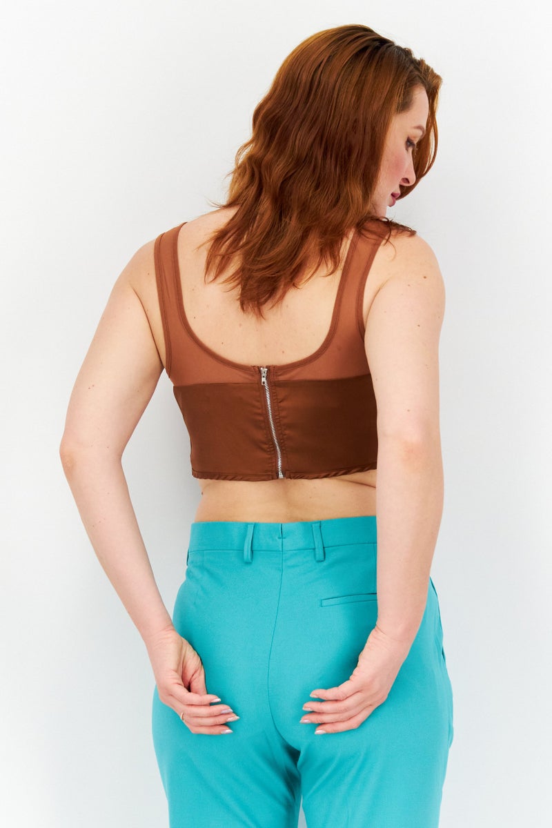 Missguided Women Petite Square Neck Sleeveless Mesh Crop Top, Brown - Image 3