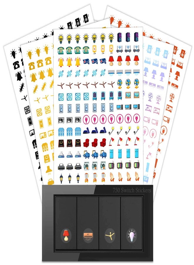 GLUN® 750+ Switch Board Button Stickers for Home,60+ Icons for Fan Light Fridge AC, 5 in 1 Gold, Rose Gold, Rainbow Color Fusion, Black, & Colourful Labels, Decorative Switch Stickers for Switchboard - Image 1