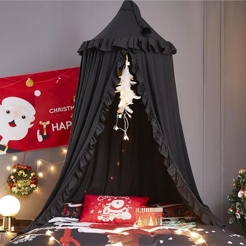 VETHIN Bed Canopy for Girls,Princess Round Dome Dreamy Mosquito Net Bedding Girls Room Castle Play Tent Hanging House Decor Reading Nook Canopies (Black) - Image 1