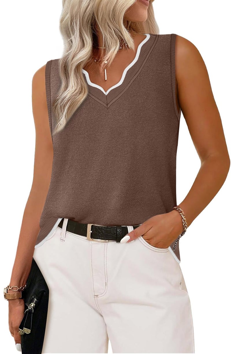 WIHOLL Sleeveless Sweaters for Women Trendy V Neck Tank Tops 2026 Spring Fashion Clothing Summer Shirts Business Casual Outfits Petite Light Weight Fall Sweater Vest Brown M - Image 1