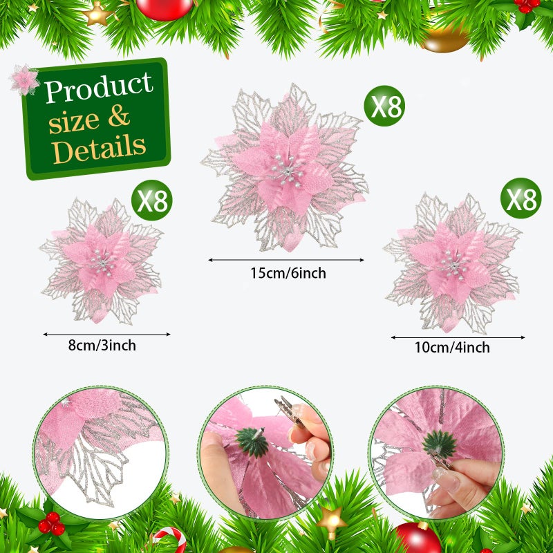 Geosar 24 Pieces Christmas Glitter Poinsettia Flowers Layered Artificial Xmas Flowers Wedding Christmas Tree New Year Ornaments (Pink) - Image 2