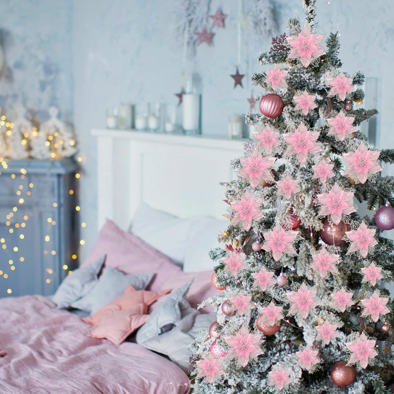 Geosar 24 Pieces Christmas Glitter Poinsettia Flowers Layered Artificial Xmas Flowers Wedding Christmas Tree New Year Ornaments (Pink) - Image 3