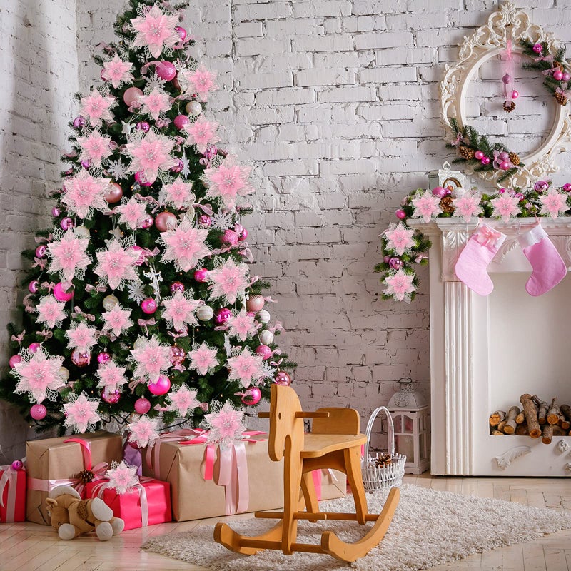 Geosar 24 Pieces Christmas Glitter Poinsettia Flowers Layered Artificial Xmas Flowers Wedding Christmas Tree New Year Ornaments (Pink) - Image 5