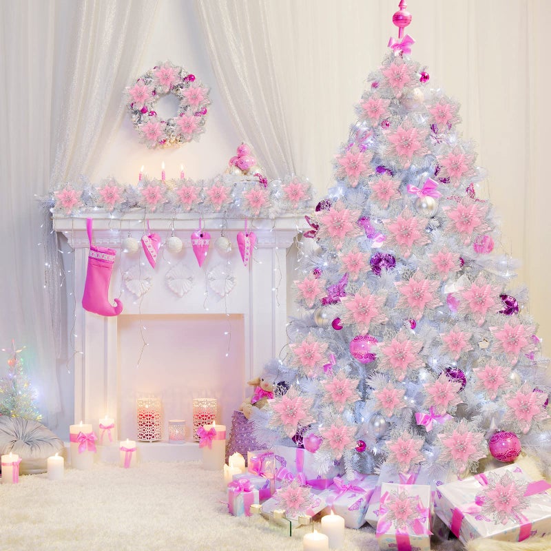 Geosar 24 Pieces Christmas Glitter Poinsettia Flowers Layered Artificial Xmas Flowers Wedding Christmas Tree New Year Ornaments (Pink) - Image 4