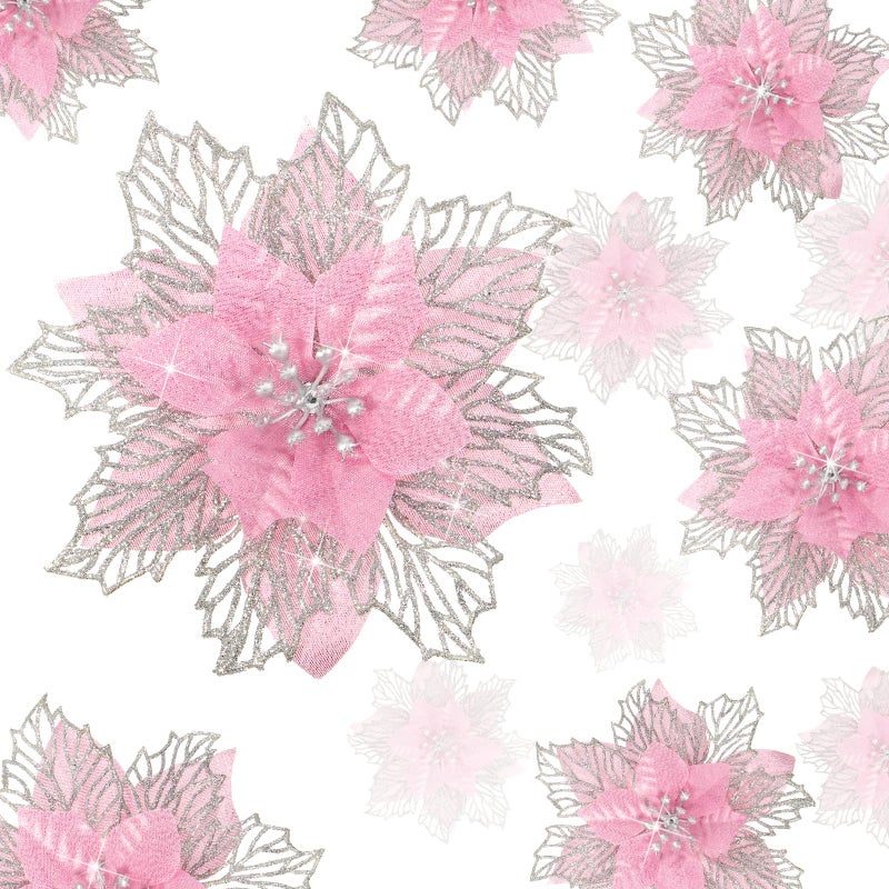 Geosar 24 Pieces Christmas Glitter Poinsettia Flowers Layered Artificial Xmas Flowers Wedding Christmas Tree New Year Ornaments (Pink) - Image 1