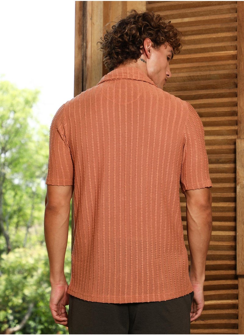 Campus Sutra Campus Sutra Men's Rust Orange Cross-Stitch Stripe Knit Shirt For Casual Wear | Spread Collar | Short Regular Sleeves | Button Closure | Shirt Crafted With Comfort Fit For Everyday Wear  - Image 5
