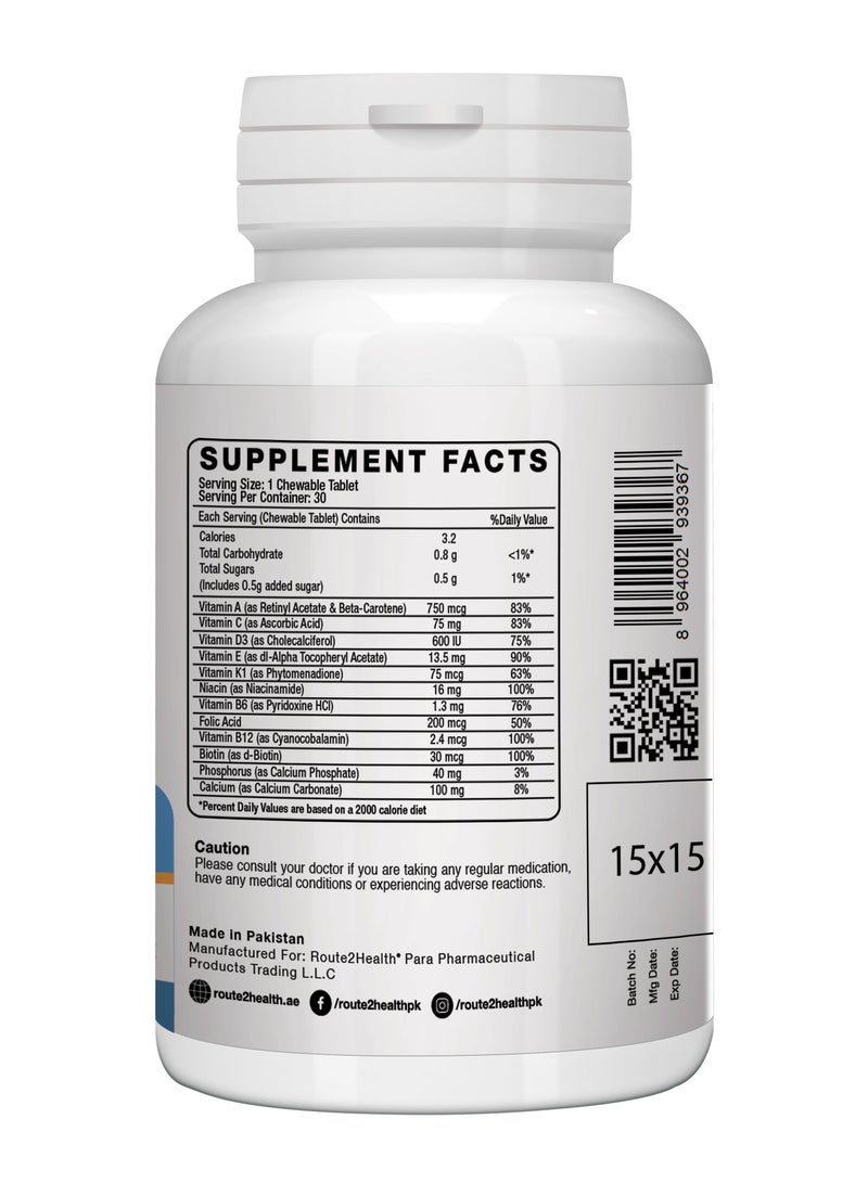 Route2Health Route 2 Health Multivitamins & Minerals for Teen Boys Chewable 30 Tablets – Lime & Orange Flavor – Essential Vitamins A, C, D3, E, B6, B12, K1, Calcium & Phosphorus for Growth & Energy  - Image 3