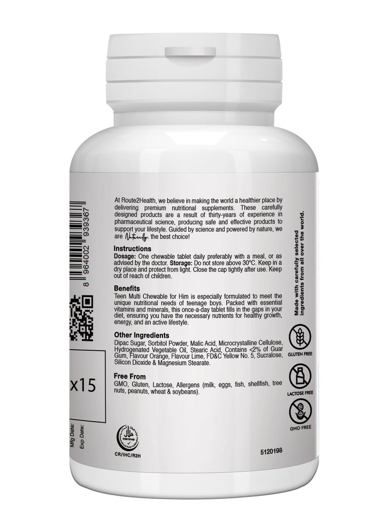 Route2Health Route 2 Health Multivitamins & Minerals for Teen Boys Chewable 30 Tablets – Lime & Orange Flavor – Essential Vitamins A, C, D3, E, B6, B12, K1, Calcium & Phosphorus for Growth & Energy  - Image 2