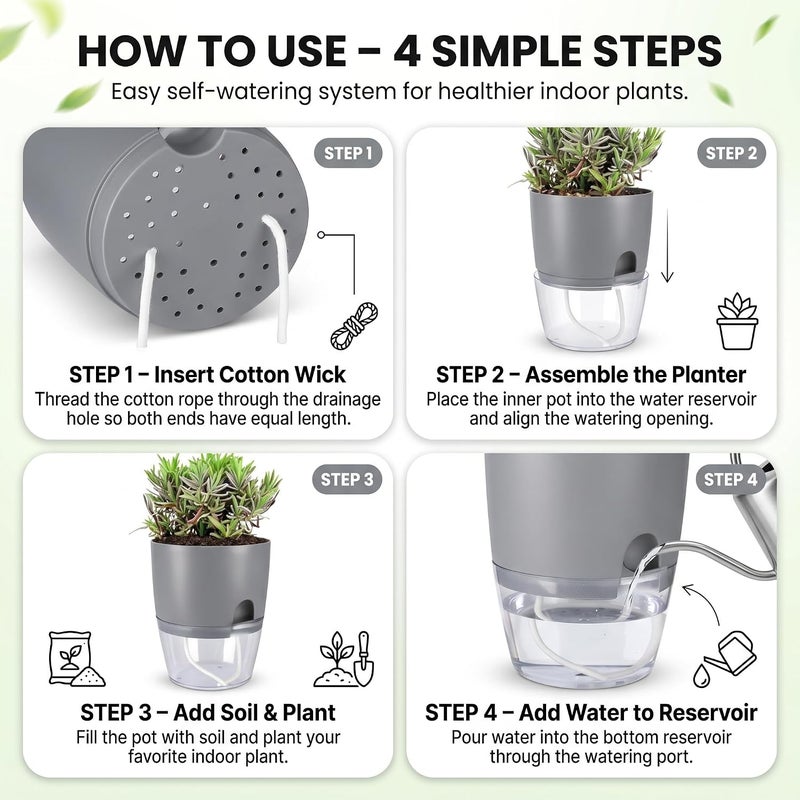 JERN Self Watering Planters for Indoor & Outdoor Use, Self Watering System, Grey, Set of 3 (Large Size 6" Dia) - Image 5