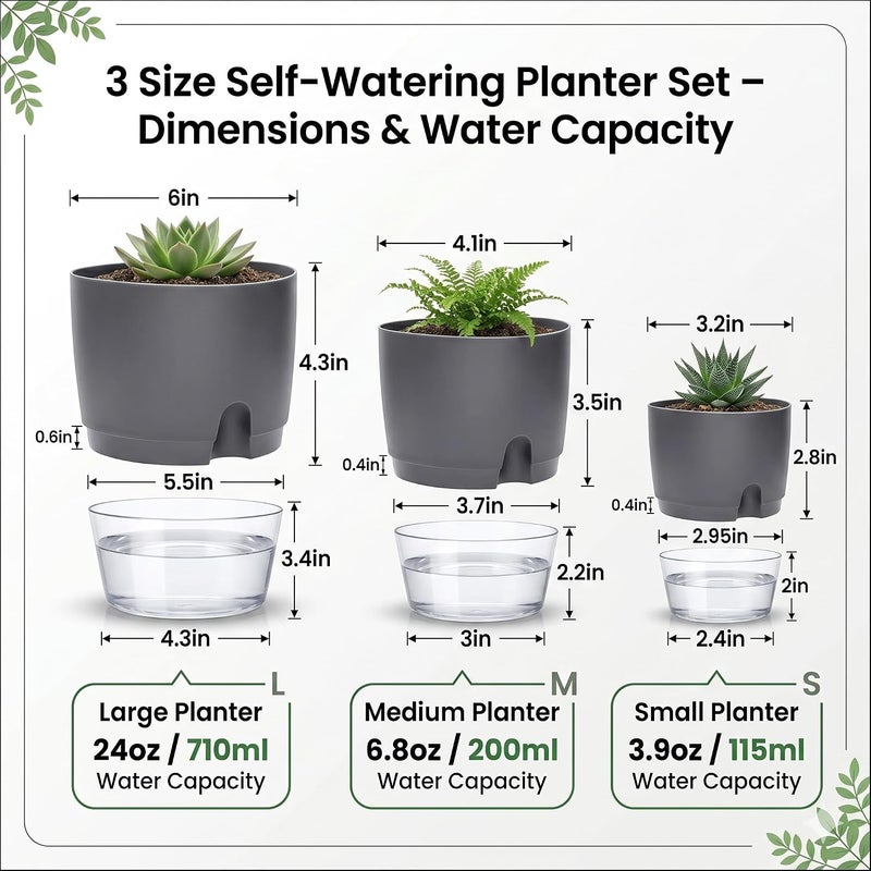 JERN Self Watering Planters for Indoor & Outdoor Use, Self Watering System, Grey, Set of 3 (Large Size 6" Dia) - Image 2