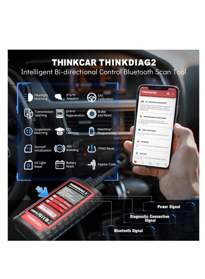 فكر في السيارة ماسح تشغيل Thinkcar ThinkDiag 2 بلوتوث OBD2 لمختلف المركبات مع 15 وظيفة إعادة ضبط لدعم تشخيص جميع الأنظمة، بروتوكول OBDII / EOBD / CAN-FD، برنامج مجاني لمدة سنة واحدة - Image 2