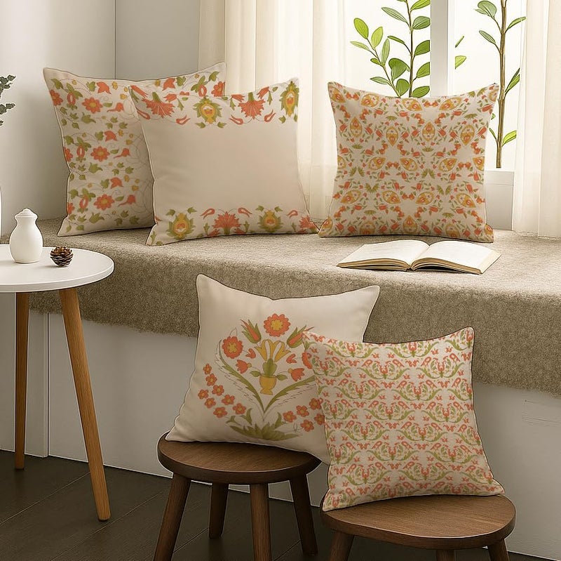 BRICK HOME Set of 5 Polycotton Printed Cushion Covers 24x24 Inches | Traditional Floral Pattern | Peach, Mustard & Olive Tones | Soft Fabric Decorative Pillow Covers for Sofa, Couch & Living Room - Image 2