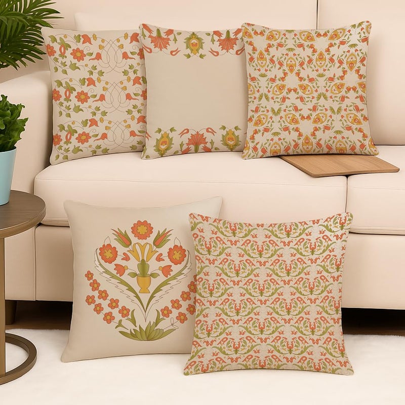 BRICK HOME Set of 5 Polycotton Printed Cushion Covers 24x24 Inches | Traditional Floral Pattern | Peach, Mustard & Olive Tones | Soft Fabric Decorative Pillow Covers for Sofa, Couch & Living Room - Image 1