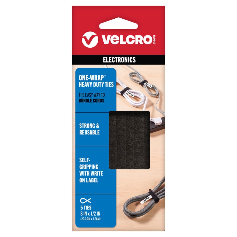 VELCRO Brand ONE-WRAP Bundling Strap â€“ Reusable Fasteners for Keeping Cords and Cables Tidy - 8" x 1/2", 5 Ties, Black