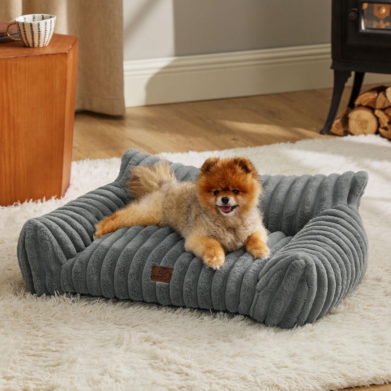 Bedsure ComfyFleeceâ„¢ Cute Cat Couch for Pets - As Seen on TV on Good Day New York, Small Medium Dog Bed, Supportive Couch Bed for Small Dogs, 30 Inch, Warm Grey - Image 1