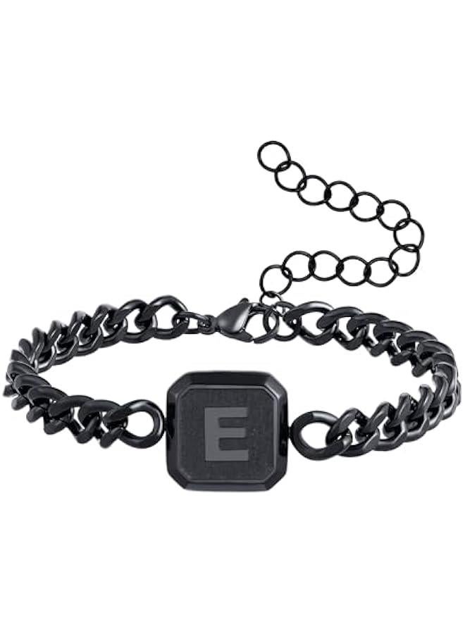 Graduation Gifts-Initial Bracelet Gold/Silver/Black Squre A-Z Letter Cuban Link Chain Mens Bracelets Adjustable Size Stainless Steel Men Jewelry Gifts Graduation Gifts for him Husband Dad Brother Son - Image 1