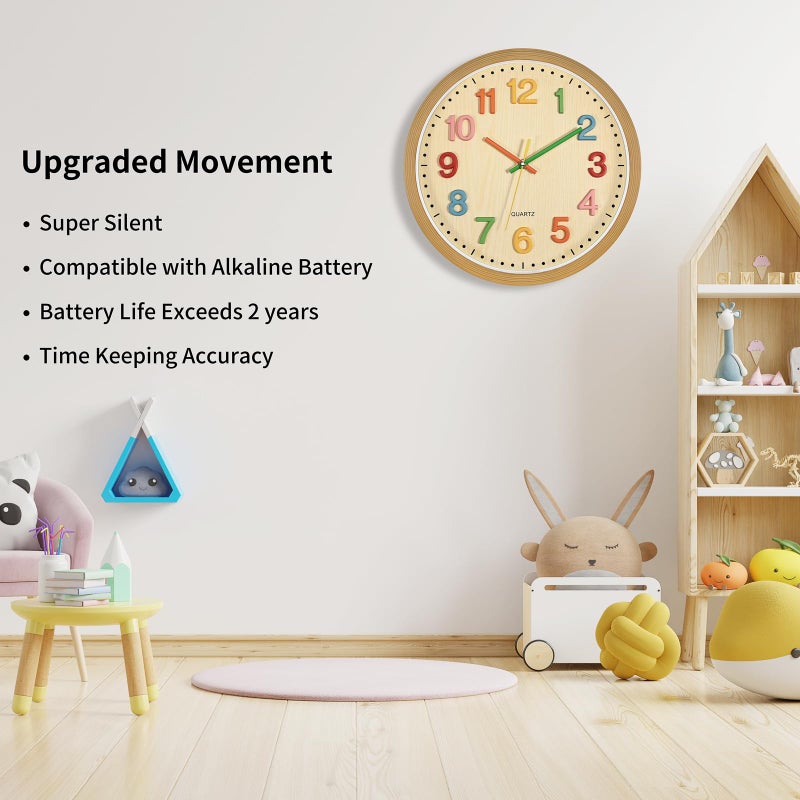 Foxtop Silent Kids Wall Clock Non-Ticking Battery Operated Colorful Childrens Clock for Classroom Playroom Nursery Bedrooms Kids Room (3D Numbers, 12 inch) - Image 3