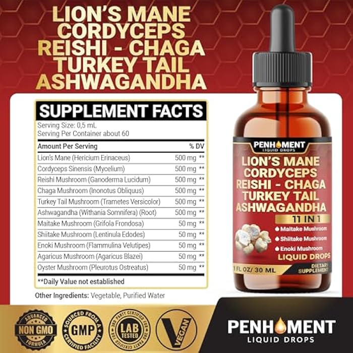 Penhoment 11in1 Mushroom Liquid Drops with Lions Mane Tincture, Ashwagandha, Turkey Tail, Cordyceps, Reishi, Chaga, Shitake, Maitake, Agaricus, Oyster Mushrooms - 1FL Oz - 30 Day Supply - Image 2