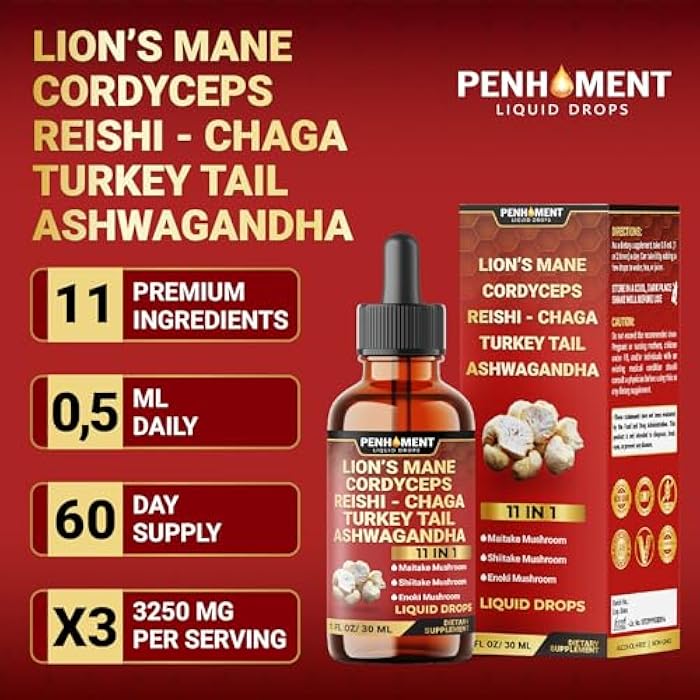 Penhoment 11in1 Mushroom Liquid Drops with Lions Mane Tincture, Ashwagandha, Turkey Tail, Cordyceps, Reishi, Chaga, Shitake, Maitake, Agaricus, Oyster Mushrooms - 1FL Oz - 30 Day Supply - Image 5