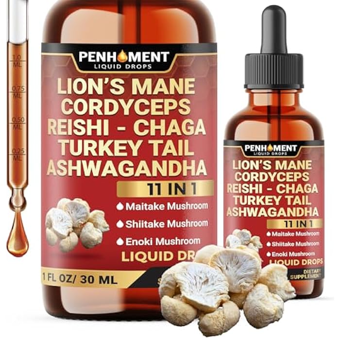 Penhoment 11in1 Mushroom Liquid Drops with Lions Mane Tincture, Ashwagandha, Turkey Tail, Cordyceps, Reishi, Chaga, Shitake, Maitake, Agaricus, Oyster Mushrooms - 1FL Oz - 30 Day Supply - Image 1