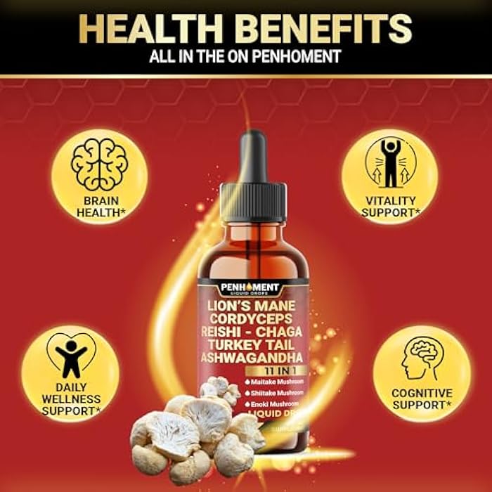 Penhoment 11in1 Mushroom Liquid Drops with Lions Mane Tincture, Ashwagandha, Turkey Tail, Cordyceps, Reishi, Chaga, Shitake, Maitake, Agaricus, Oyster Mushrooms - 1FL Oz - 30 Day Supply - Image 4