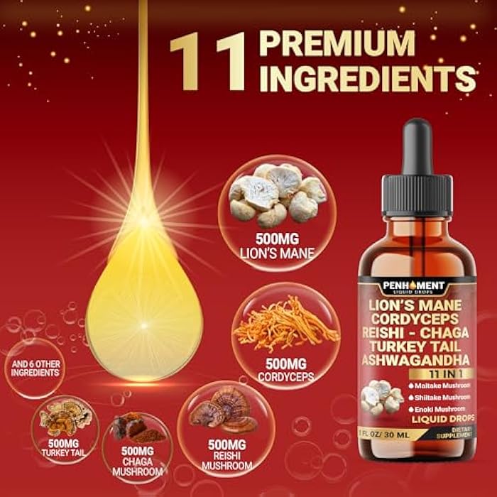 Penhoment 11in1 Mushroom Liquid Drops with Lions Mane Tincture, Ashwagandha, Turkey Tail, Cordyceps, Reishi, Chaga, Shitake, Maitake, Agaricus, Oyster Mushrooms - 1FL Oz - 30 Day Supply - Image 3