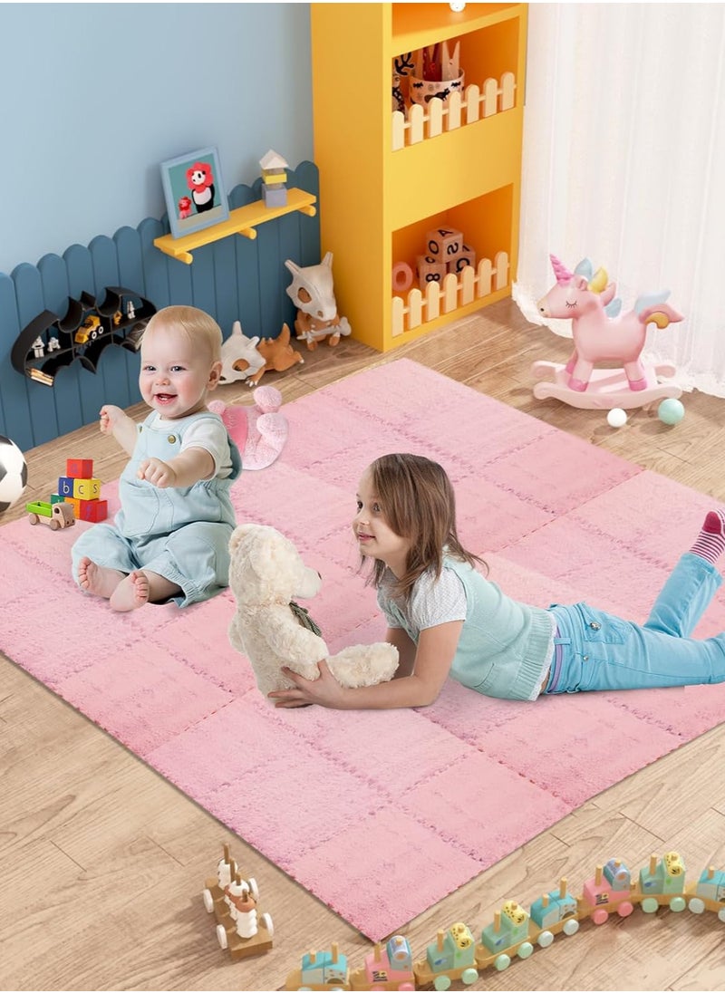 AUTOYSUR 12 pcs Thickened Plush Foam Interlocking Floor Mats, Interlocking Foam Tiles with Edgings for Kids, Soft Anti-Slip Puzzle Area Square Rug Playmat for Children Room Flat (10", Pink)  - Image 5
