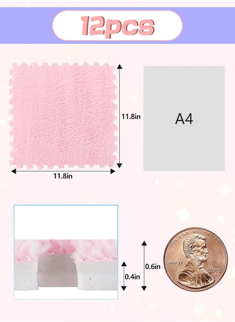 AUTOYSUR - 12 pcs Thickened Plush Foam Interlocking Floor Mats, Interlocking Foam Tiles with Edgings for Kids, Soft Anti-Slip Puzzle Area Square Rug Playmat for Children Room Flat (10", Pink) - Image 1