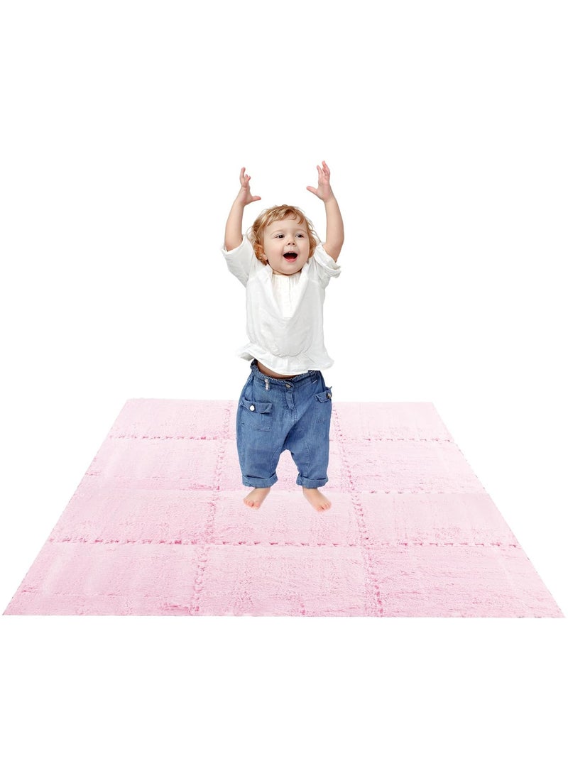 AUTOYSUR - 12 pcs Thickened Plush Foam Interlocking Floor Mats, Interlocking Foam Tiles with Edgings for Kids, Soft Anti-Slip Puzzle Area Square Rug Playmat for Children Room Flat (10", Pink) - Image 1