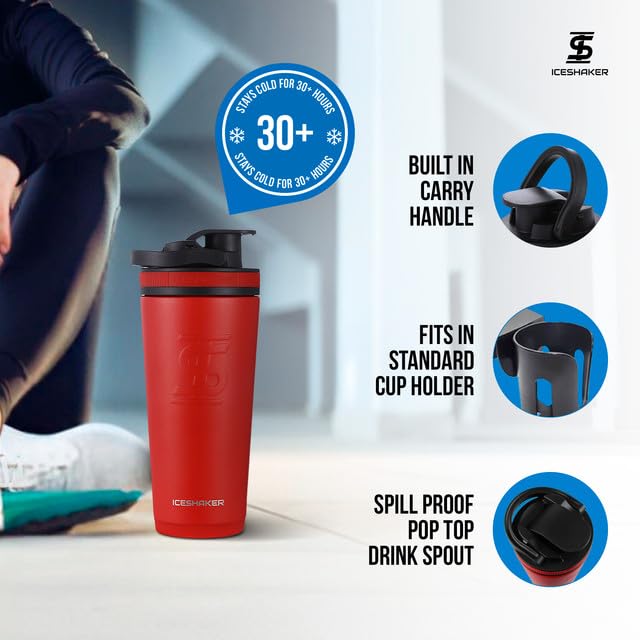 Ice Shaker زجاجة هزازة معزولة من الفولاذ المقاوم للصدأ | 26 أونصة، أحمر/أسود | تبقى باردة لأكثر من 30 ساعة | كوب معزول مع محرك دوار | زجاجة خالية من الروائح لاهتزازات البروتين، الماء، العصائر، الكوكتيلات - Image 3