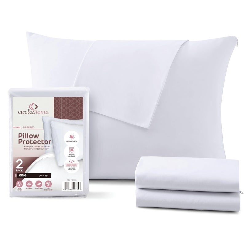 CIRCLESHOME King Size Pillow Protector 100% Cotton - Zippered, Breathable & Quiet (2 Pack) White Pillow Covers Protects from Dirt, Debris (King - Set of 2 - 20x36) - Image 1