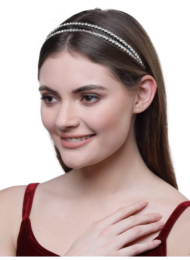 Vogue Hair Accessories Fancy Party Bridal Wedding Trendy Metal Double Layer Hairband Headband Hair Accessories For Women And Girls (Double_Layer_Silver_Stones)  - Image 2