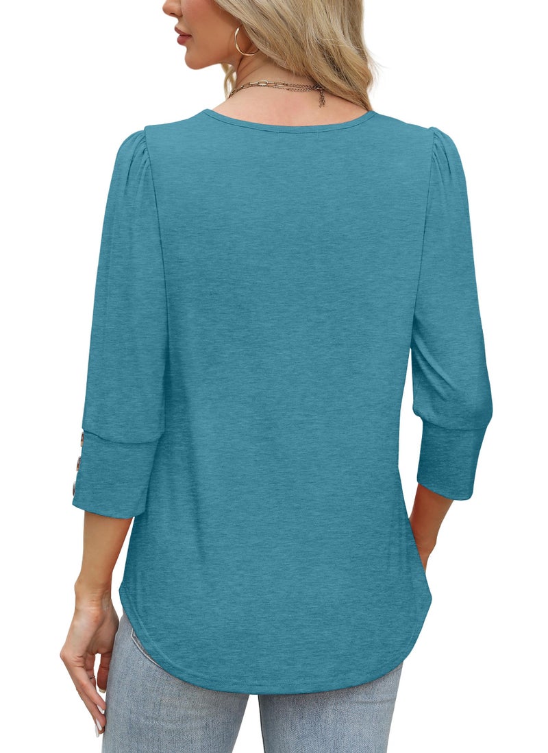 WIHOLL 3/4 Length Sleeve Womens Tops Business Casual Outfits for Women Summer Plus Size Women's Clothing Early Fall Fashion Clothes Teacher Outfits Women Blouses Dressy Casual 2026 Turquoise 2XL - Image 5