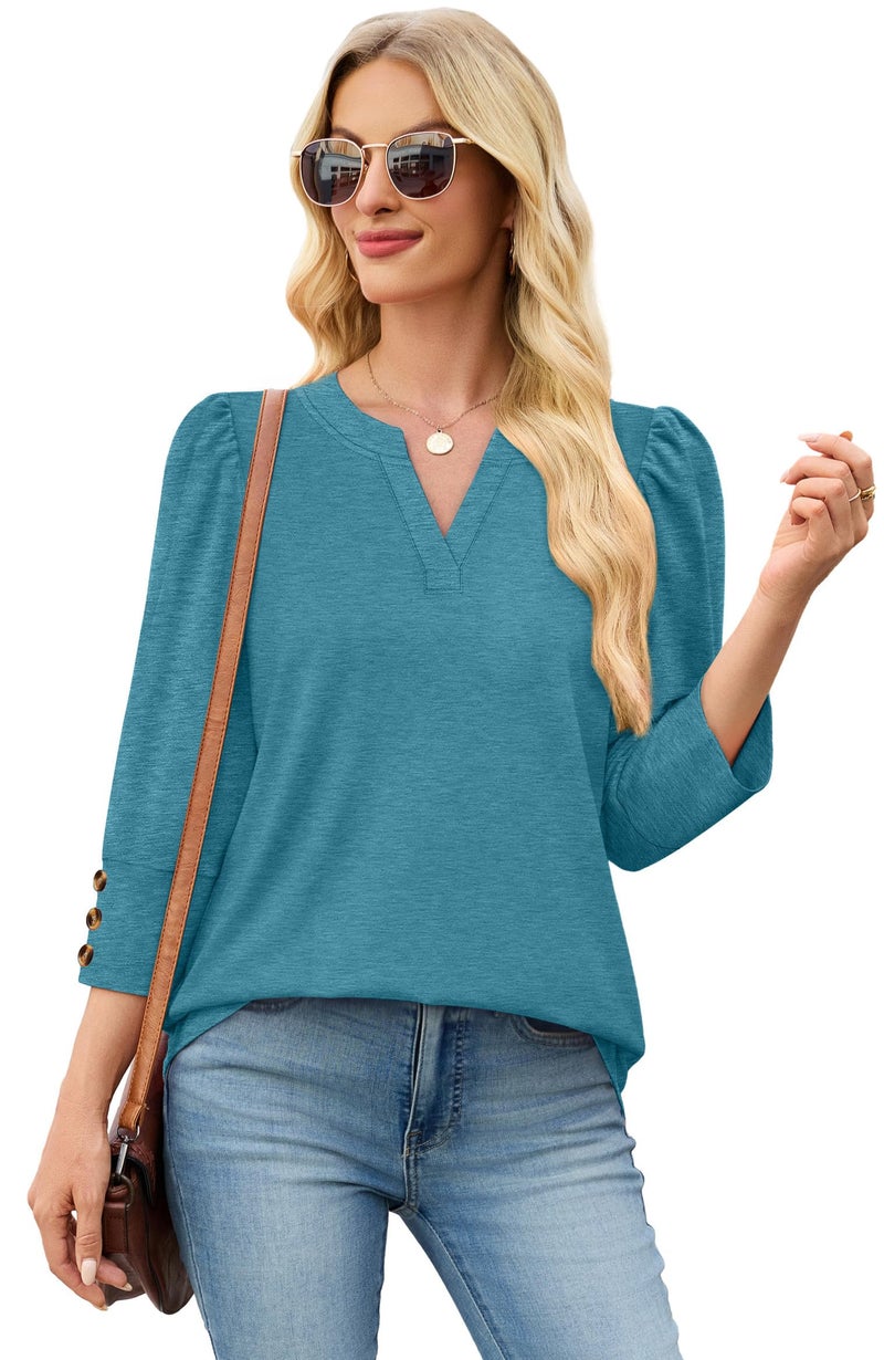 WIHOLL 3/4 Length Sleeve Womens Tops Business Casual Outfits for Women Summer Plus Size Women's Clothing Early Fall Fashion Clothes Teacher Outfits Women Blouses Dressy Casual 2026 Turquoise 2XL - Image 3