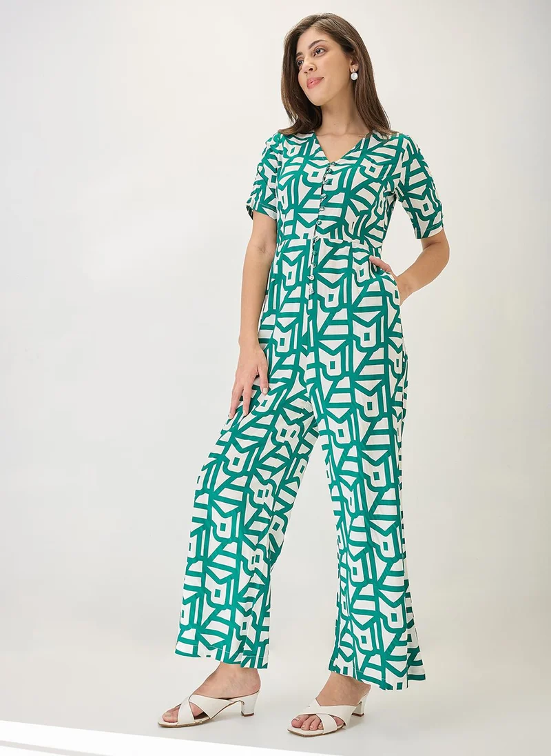 Globus Women V-Neck Ruched Sleeves Abstract Print Longline Jumpsuit