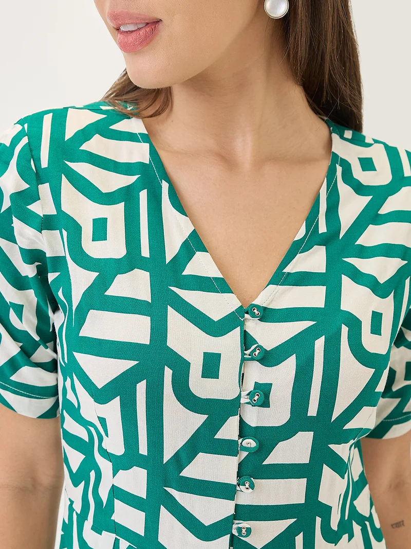 globus Women V-Neck Ruched Sleeves Abstract Print Longline Jumpsuit