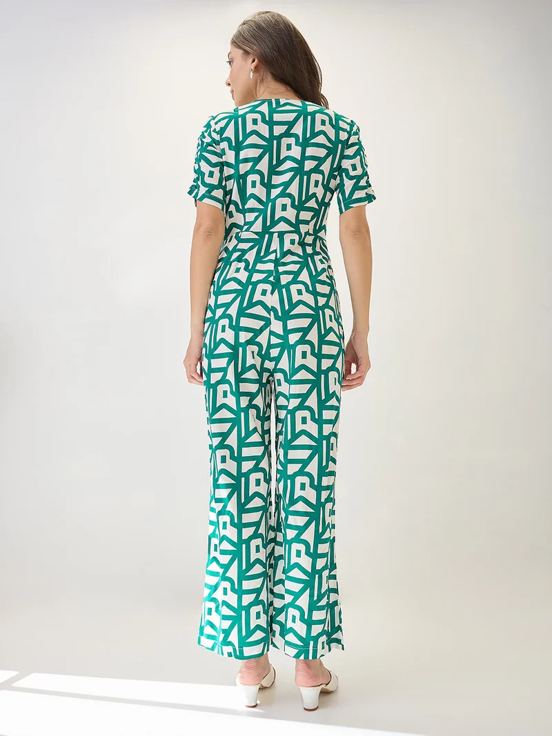 globus Women V-Neck Ruched Sleeves Abstract Print Longline Jumpsuit