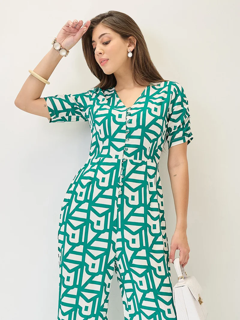 globus Women V-Neck Ruched Sleeves Abstract Print Longline Jumpsuit