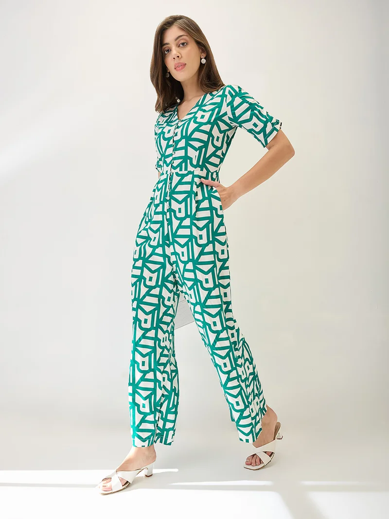 globus Women V-Neck Ruched Sleeves Abstract Print Longline Jumpsuit
