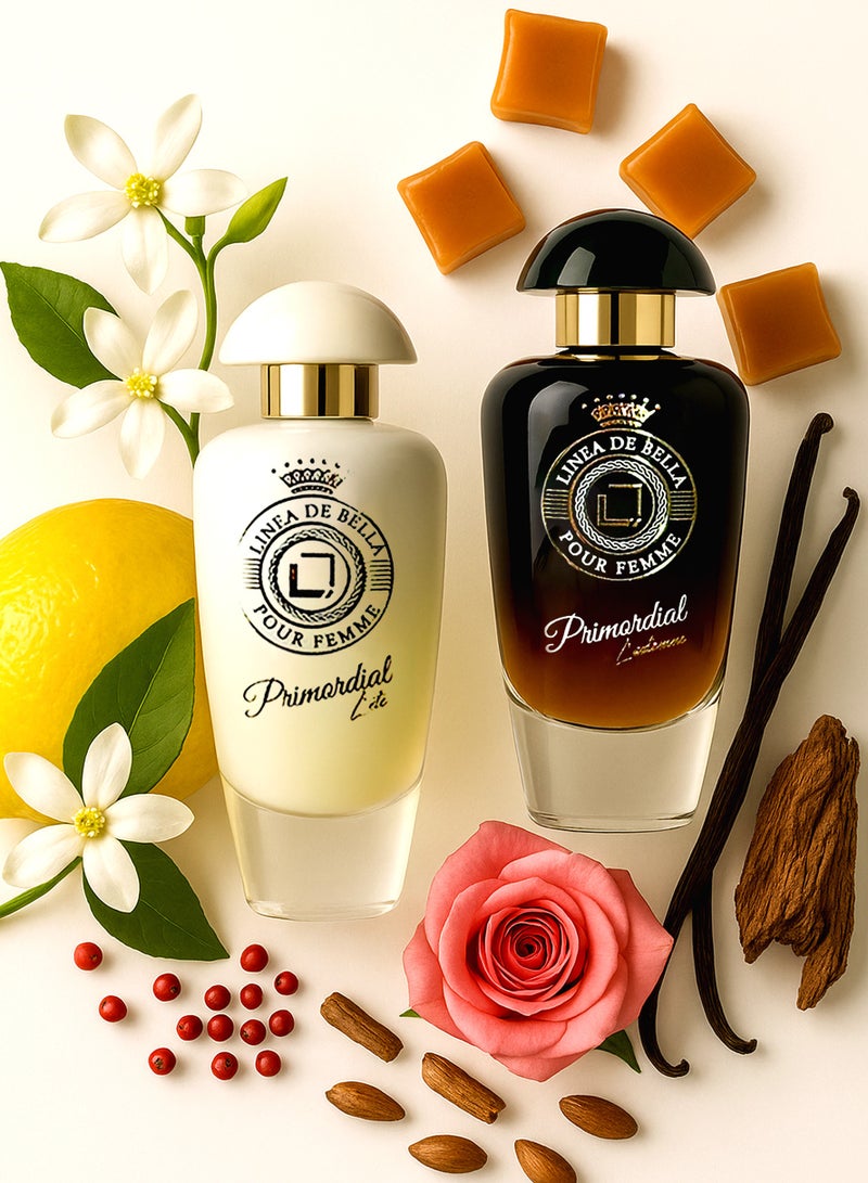 Linea De Bella Premium Long Lasting Women’s Perfume Bundle | Linea De Bella Primordial L’automne & Lite Eau de Parfum 100ml Each | The Best Perfume Gift Set with Vanilla, Patchouli, Musk, Balsamic & Sweet Fragrances Notes | Ideal Gift Set for Her - Image 1