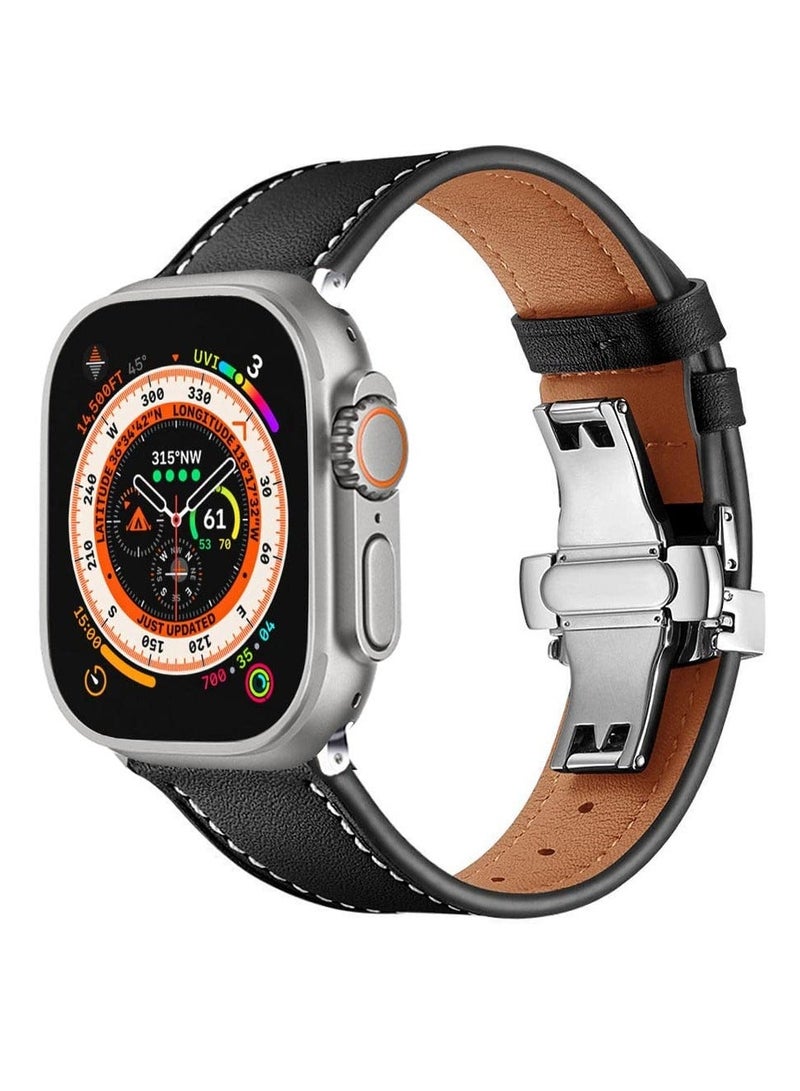 Leather Band for Apple Watch, Adjustable Butterfly Clasp, Vintage Leather Replacement Strap, Fits 42mm, 44mm, 45mm, 49mm, Compatible with Apple Watch Series 9/8/7/Ultra 2, Suitable for Women and Men