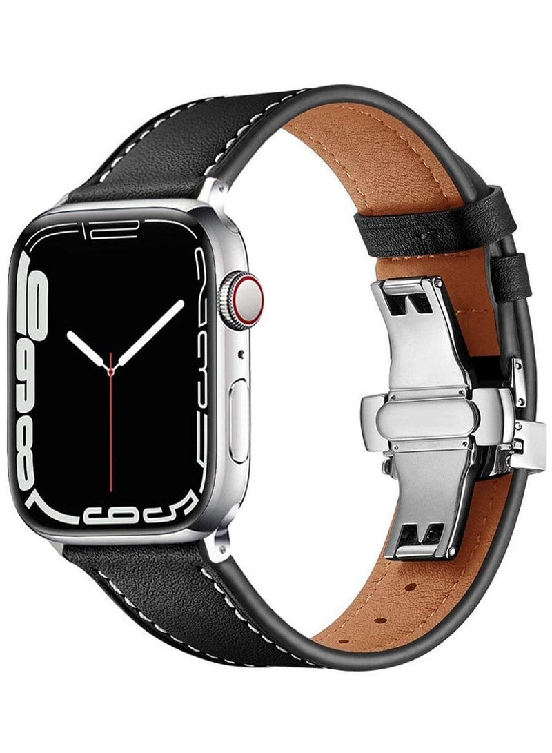 Leather Band for Apple Watch, Adjustable Butterfly Clasp, Vintage Leather Replacement Strap, Fits 42mm, 44mm, 45mm, 49mm, Compatible with Apple Watch Series 9/8/7/Ultra 2, Suitable for Women and Men
